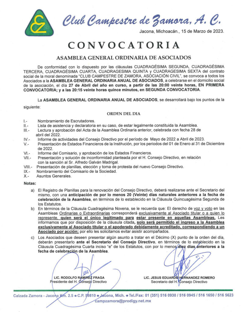 Convocatoria Asamblea General Ordinaria 2023 – Club Campestre de Zamora, A.  C.